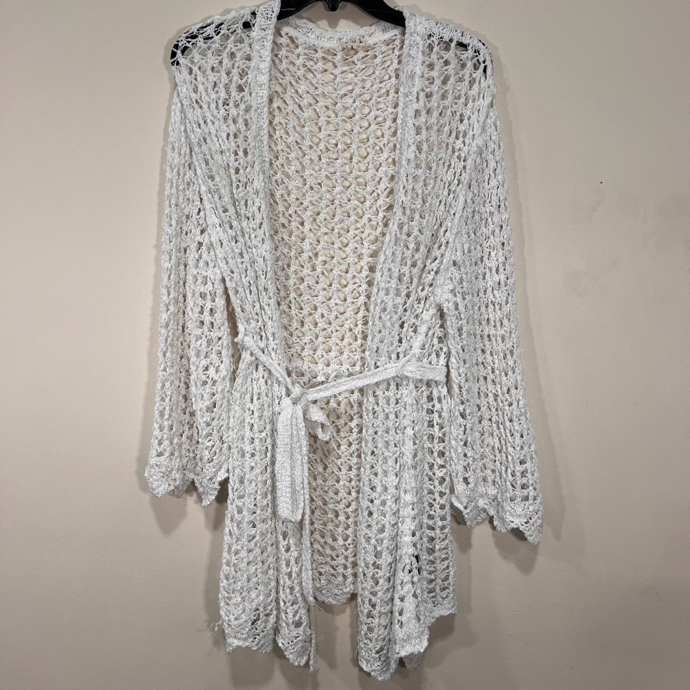 Boho Crochet Cardigan Open Knit Duster Tie Waist Beach Cover Up White POL Size L